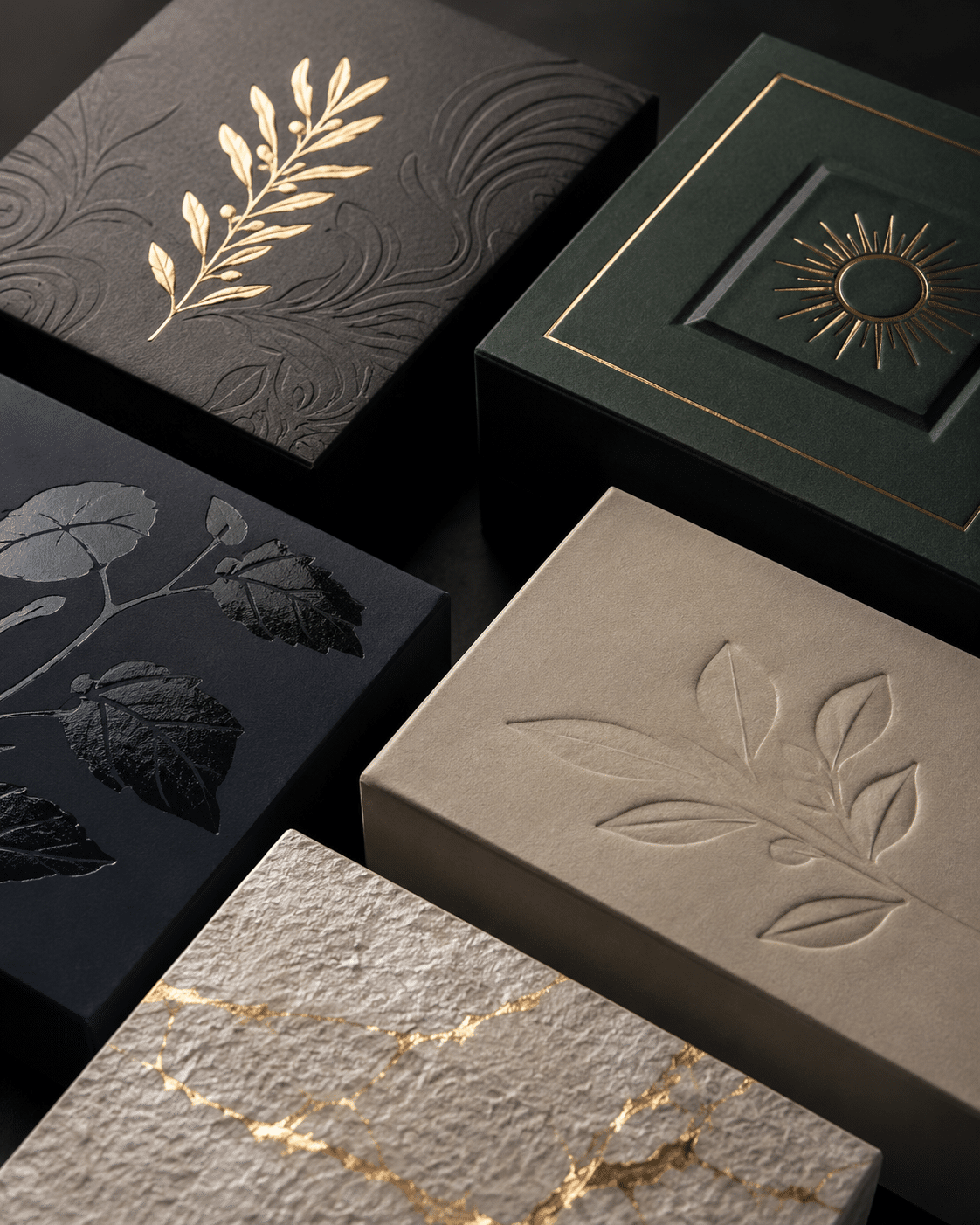Assortment of luxury rigid boxes displaying gold foil stamping, blind embossing, spot UV, textured paper and decorative raised panels