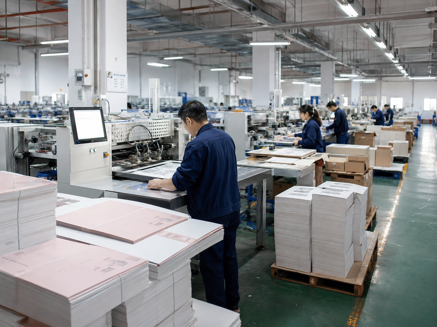 Custom paper packaging factory production line with workers and automated box manufacturing equipment