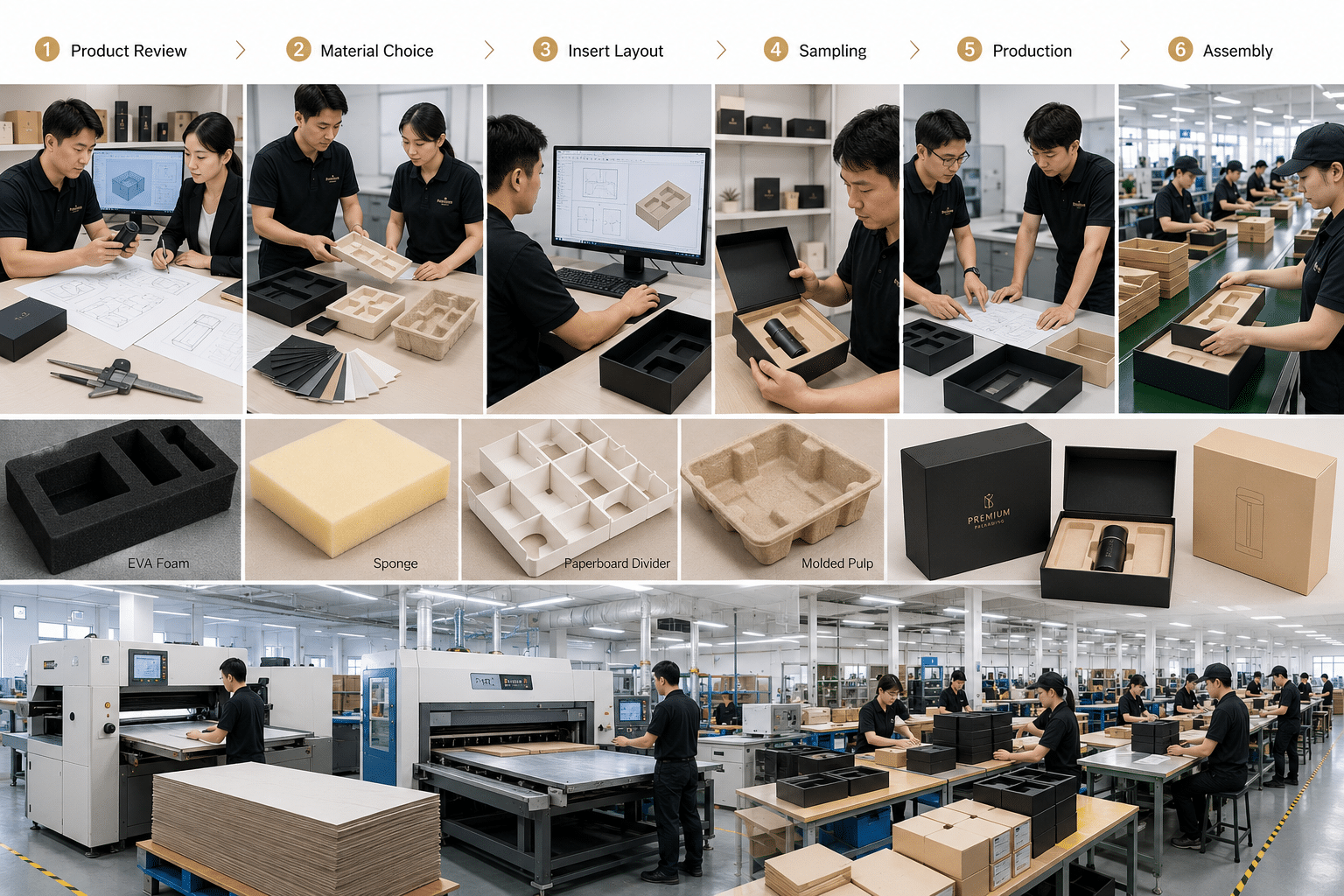 Custom packaging insert development process showing product review, material selection, insert layout, sampling, production and final assembly.
