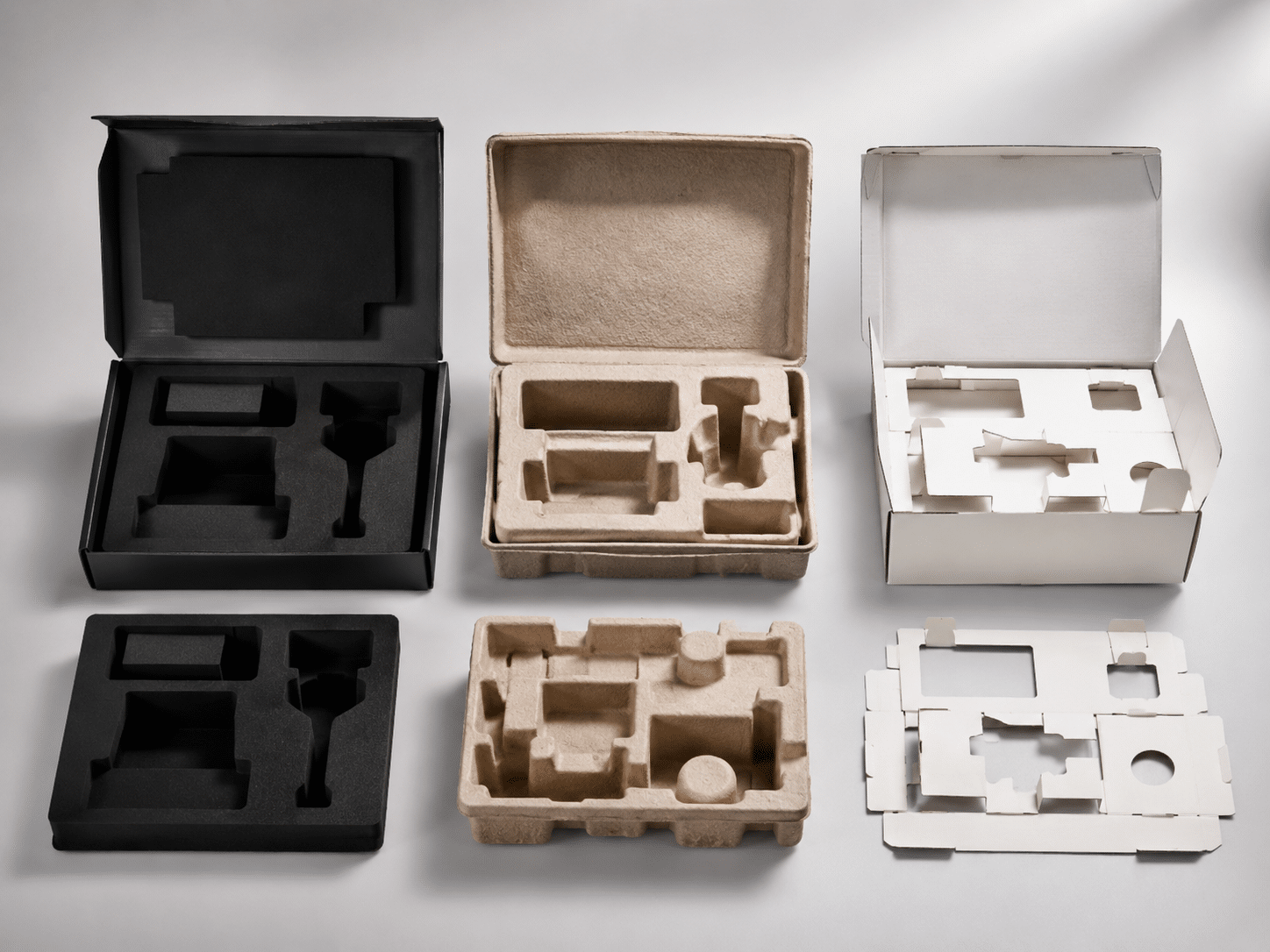Comparison of EVA foam, molded pulp and folded paperboard inserts for custom product packaging and protective gift boxes.