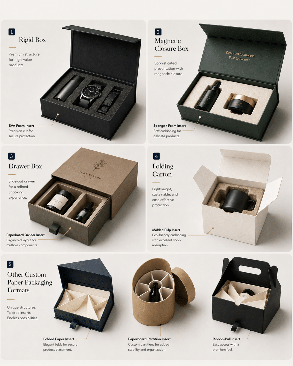 Comparison of rigid boxes, magnetic closure boxes, drawer boxes, folding cartons and custom paper packaging with EVA foam, sponge, molded pulp and paperboard inserts.
