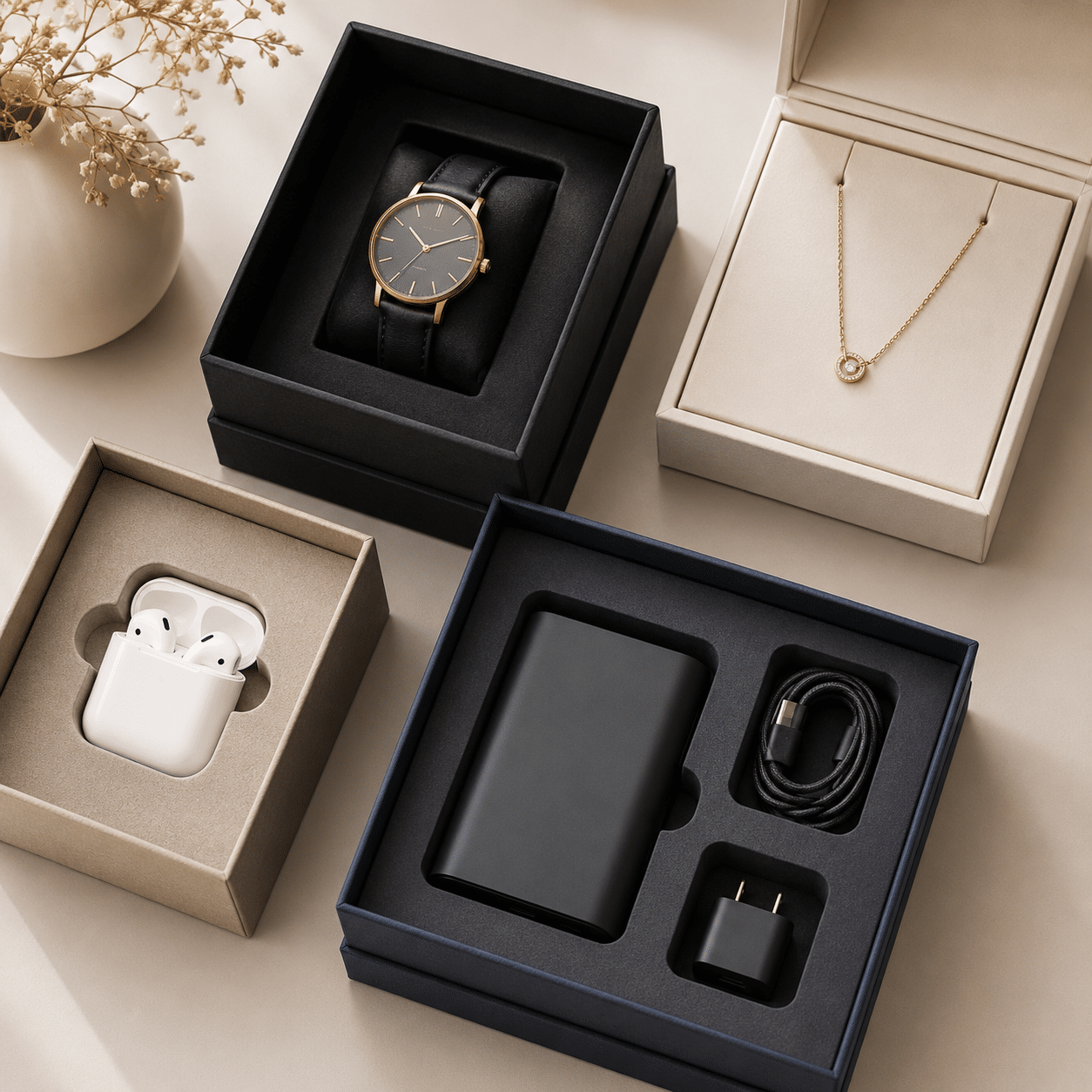 Custom rigid boxes with protective inserts designed for watches, necklaces, wireless earbuds, power banks, cables and electronic accessories.