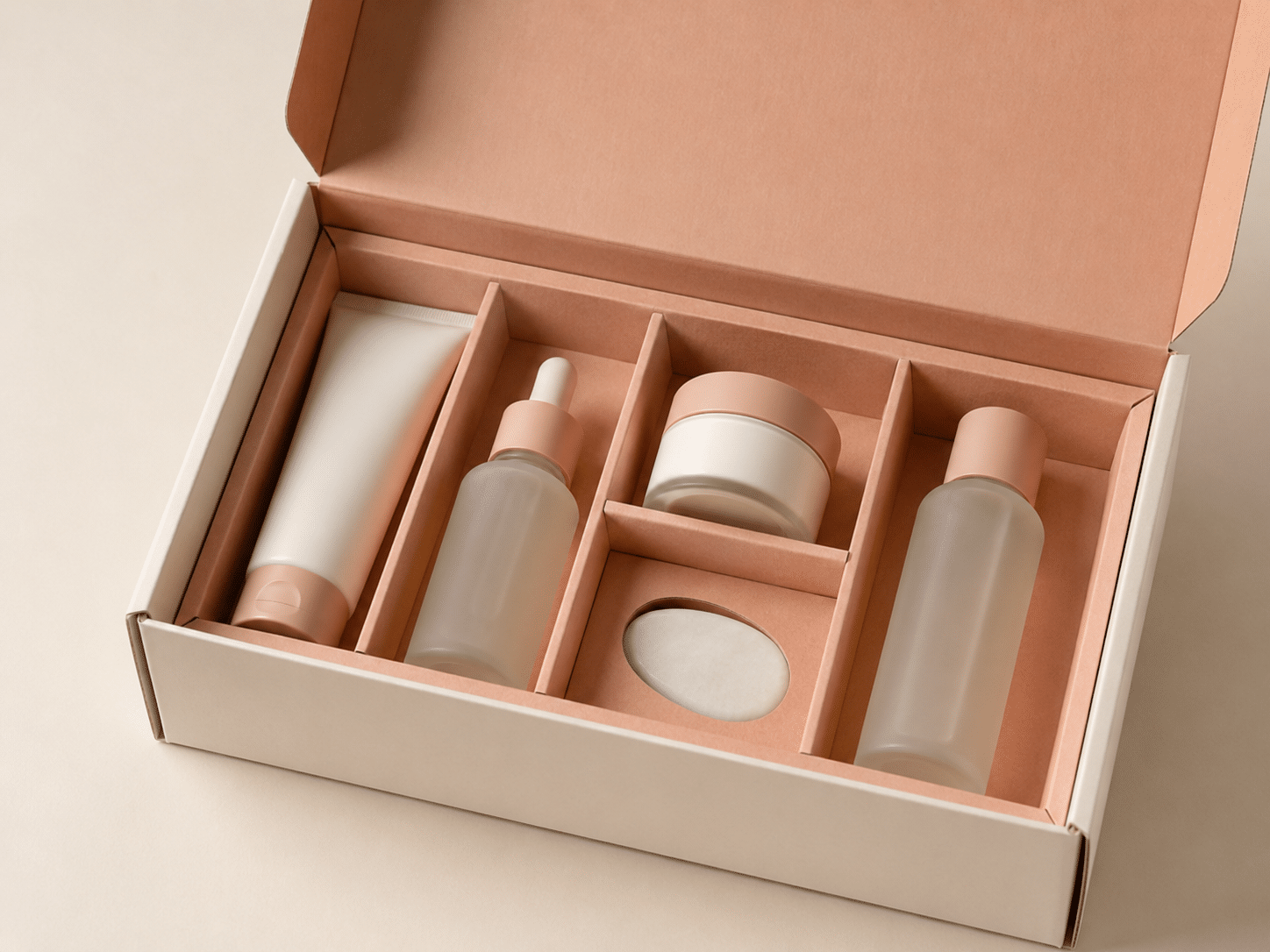 Open skincare gift box with a custom pink paperboard divider insert organizing tubes, dropper bottles, cream jars and cosmetic products.