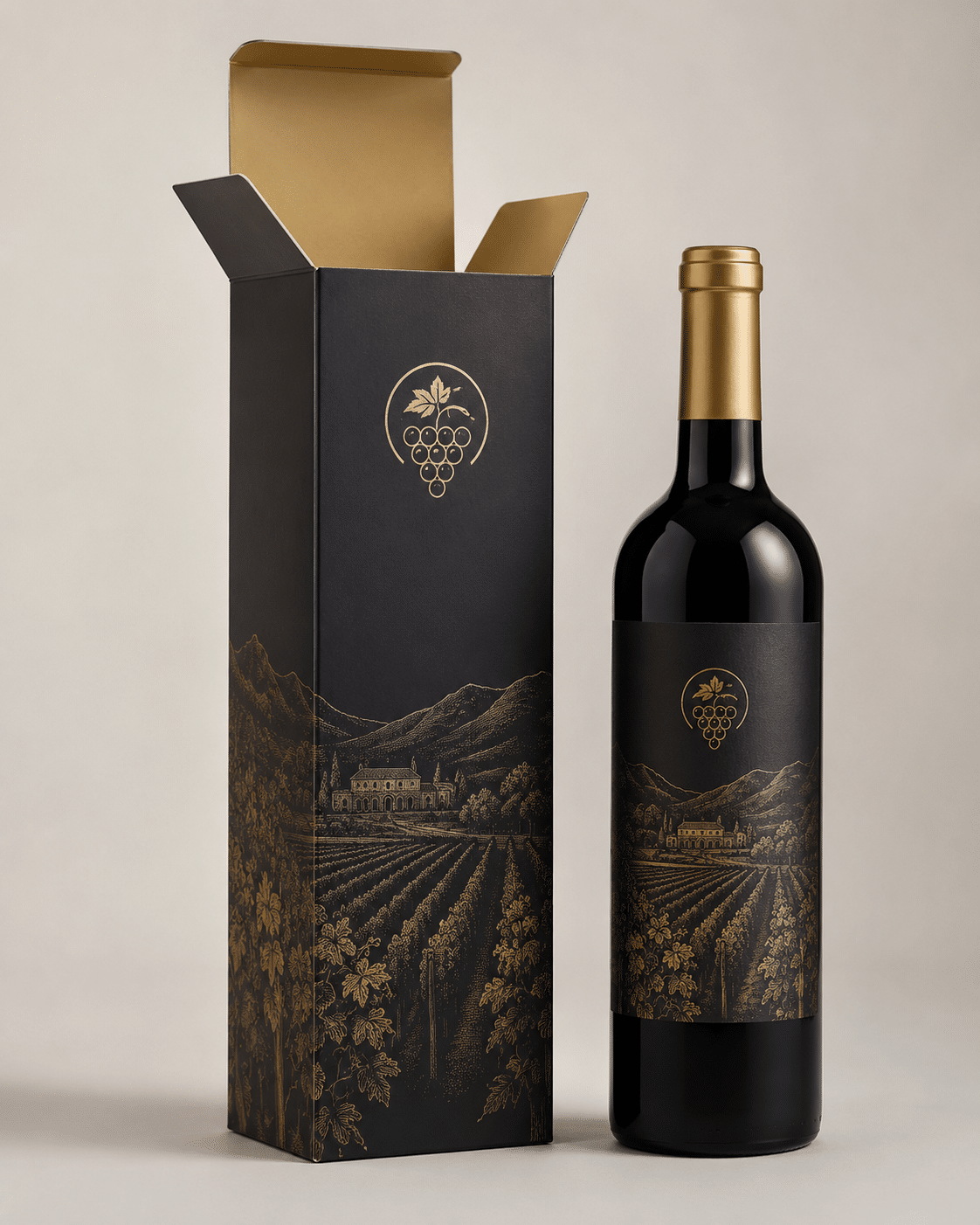 Black folding carton wine packaging box with gold foil vineyard artwork and matching printed wine bottle label