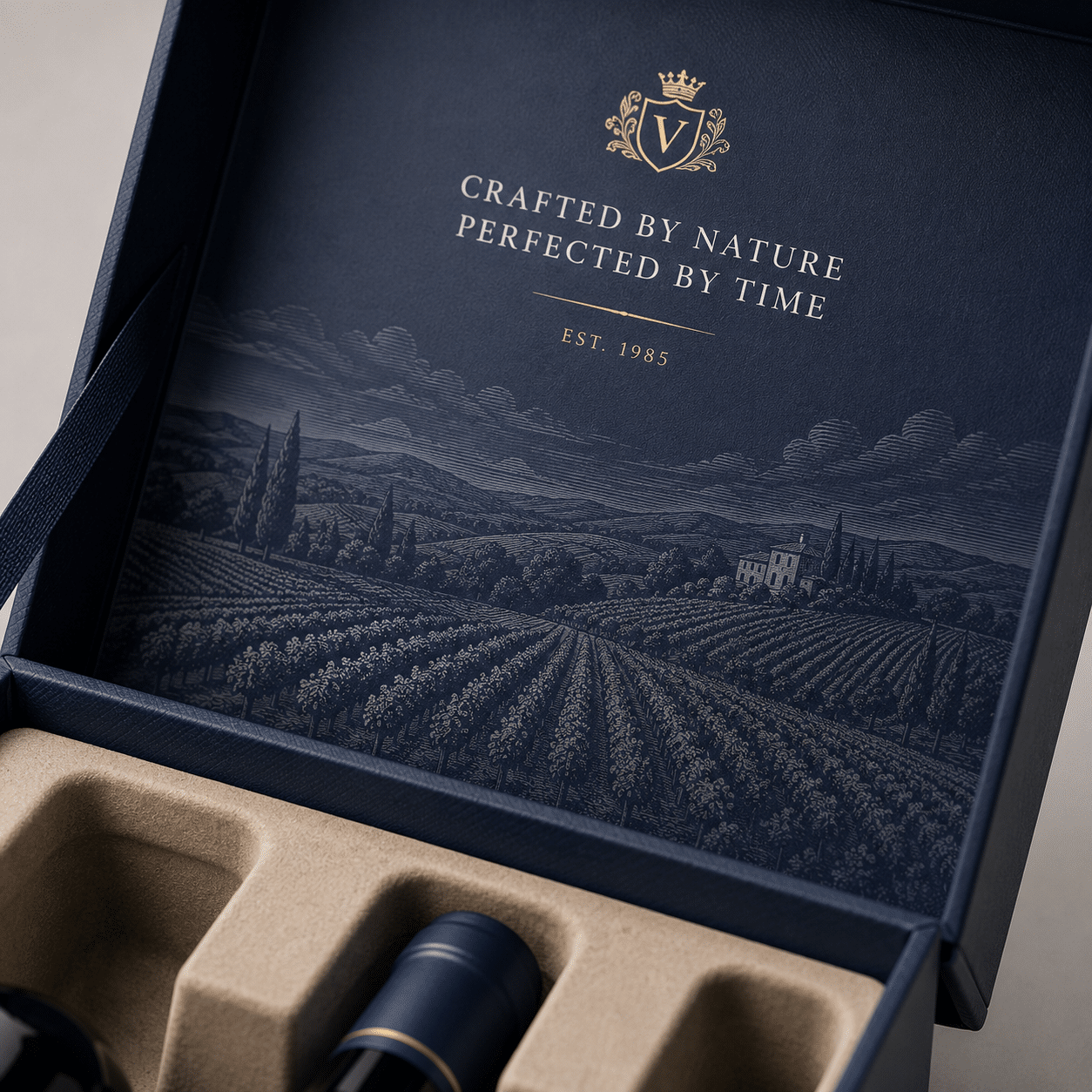 Interior lid of a luxury navy wine box featuring custom vineyard artwork, gold foil branding and premium printed presentation details