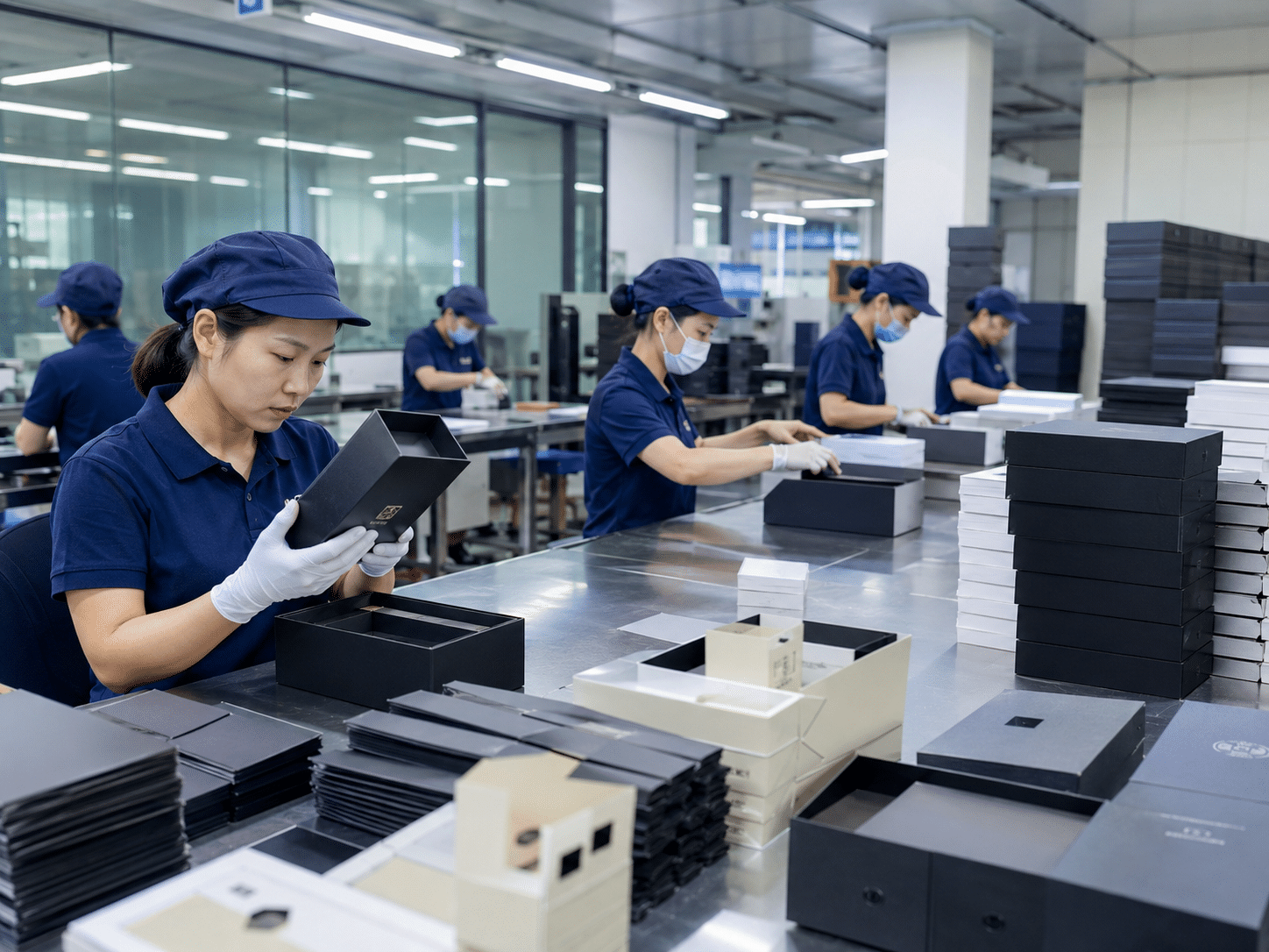 Packaging factory workers assembling and inspecting custom rigid gift boxes to ensure accurate finishing, structure and presentation quality