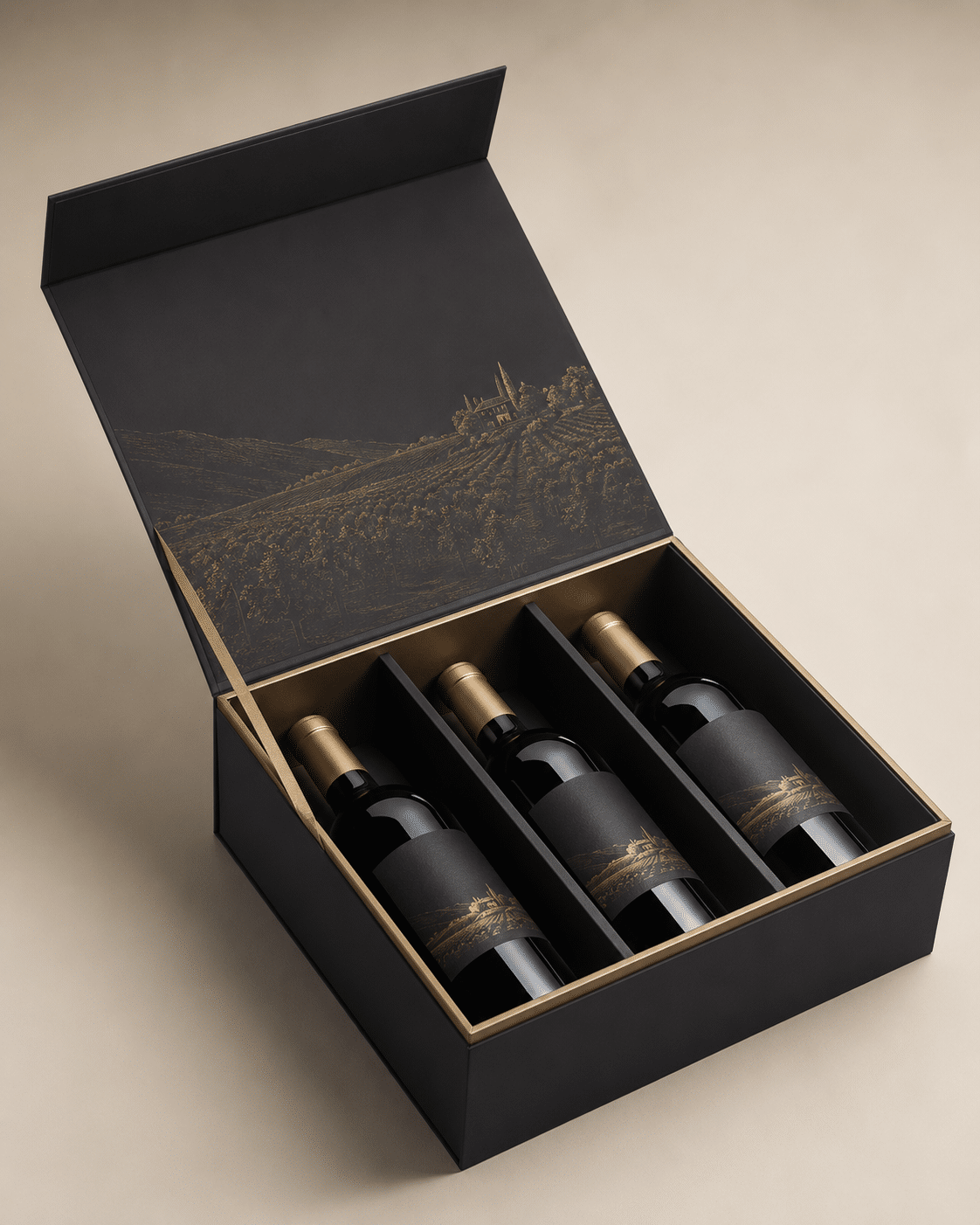 Premium black rigid wine gift box with magnetic lid, gold interior trim and divided compartments for three wine bottles