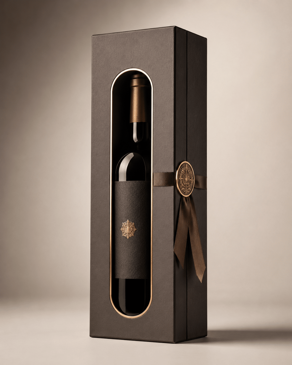Luxury brown wine packaging box with vertical display window, gold border, satin ribbon and decorative medallion closure