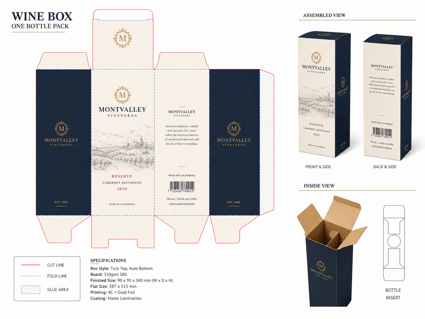 One-bottle wine packaging dieline showing tuck-top structure, auto-lock bottom, fold lines, glue area, assembled views and internal bottle insert