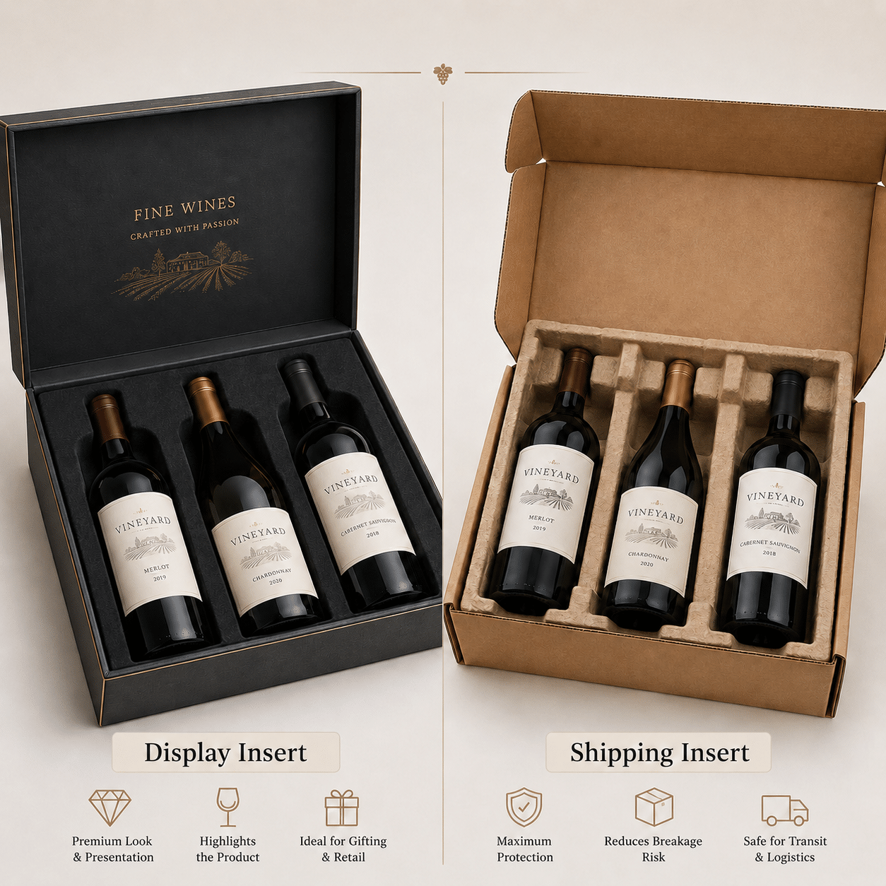 Comparison of premium display inserts and protective molded pulp shipping inserts for custom three-bottle wine boxes