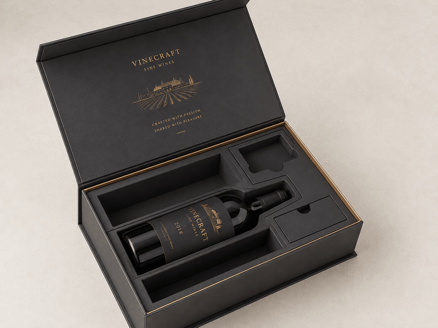 Open black rigid wine gift box with a fitted multi-compartment insert for one wine bottle and additional accessories