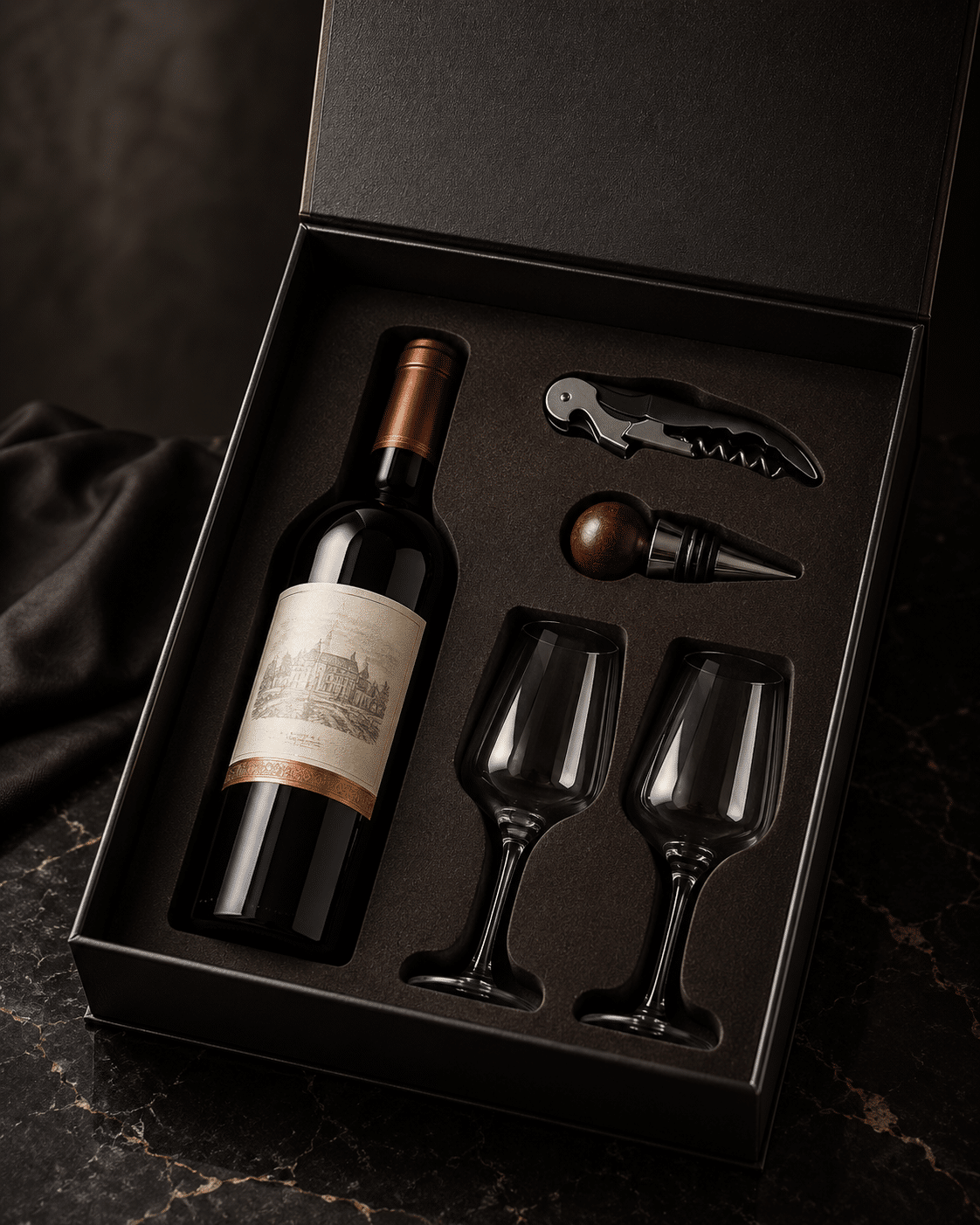 Luxury black wine gift set box with fitted insert for one wine bottle, two wine glasses, corkscrew and bottle stopper