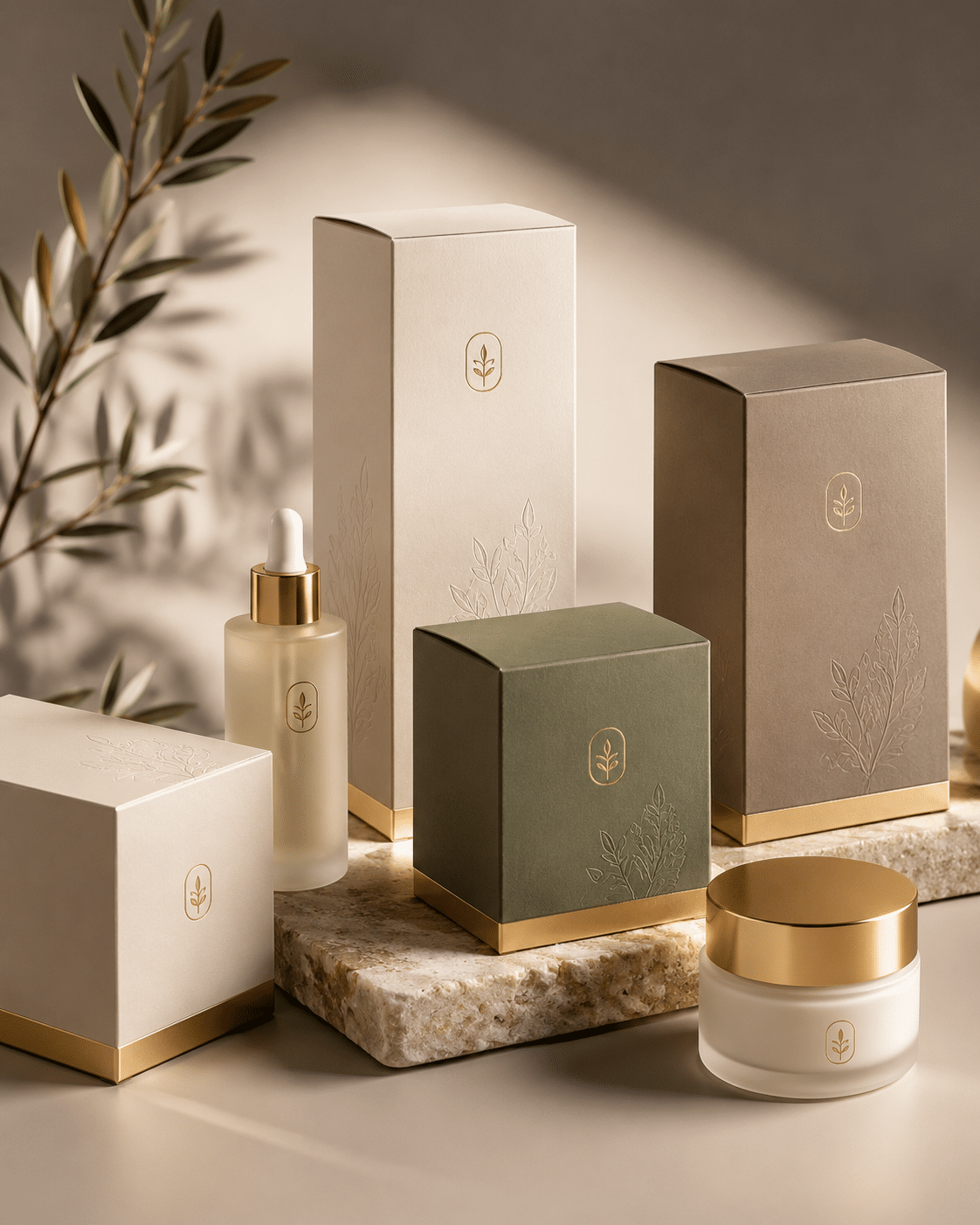 Custom skincare and cosmetic folding cartons featuring botanical embossing, textured paper and gold foil logos and base accents