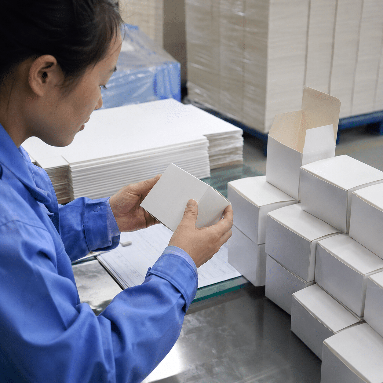 Packaging factory worker inspecting white folding cartons during the quality control process