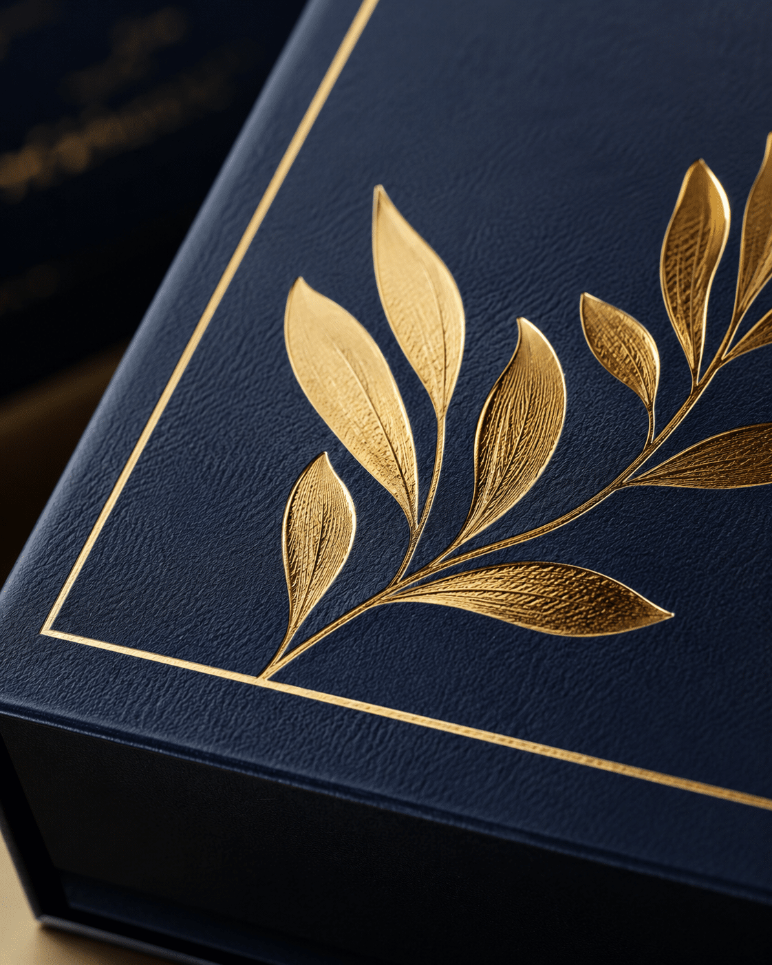 Close-up of a textured navy rigid box featuring detailed gold foil leaf artwork and a fine gold foil border