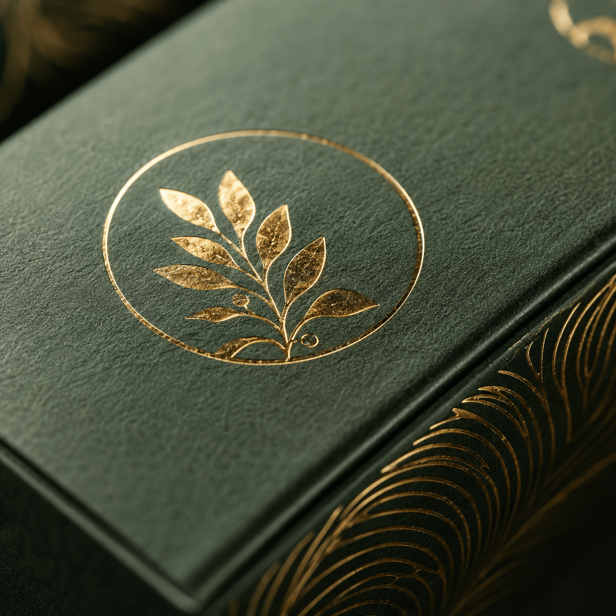 Close-up of a gold foil botanical logo and decorative pattern printed on a textured dark green rigid packaging box.