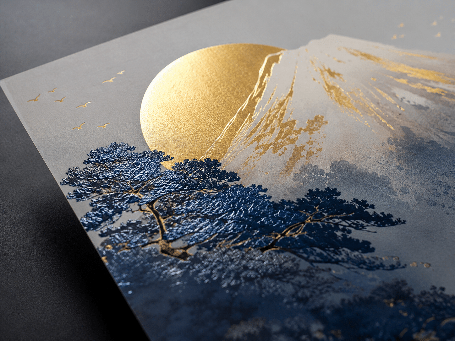 Close-up of luxury packaging artwork featuring gold foil stamping and glossy blue spot UV printing on textured paper.