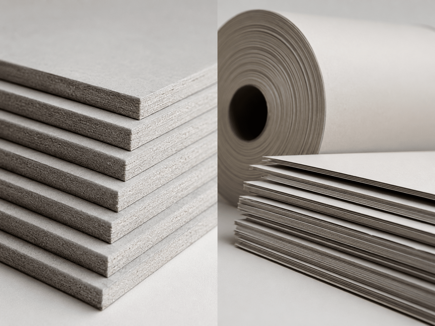 Close-up of greyboard sheets, wrapping paper rolls and paper materials used to manufacture custom rigid packaging boxes.