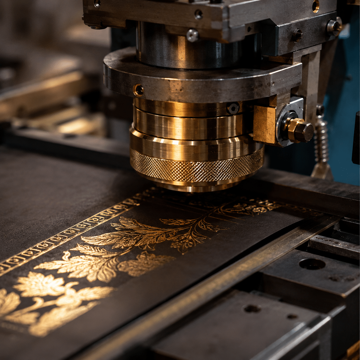 Industrial hot foil stamping machine applying gold decorative details to custom paper packaging