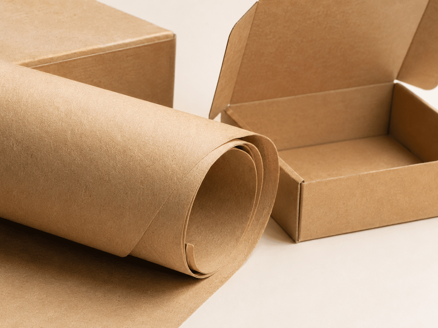 Natural kraft paper rolls and kraft cardboard boxes used for recyclable and eco-friendly custom paper packaging.