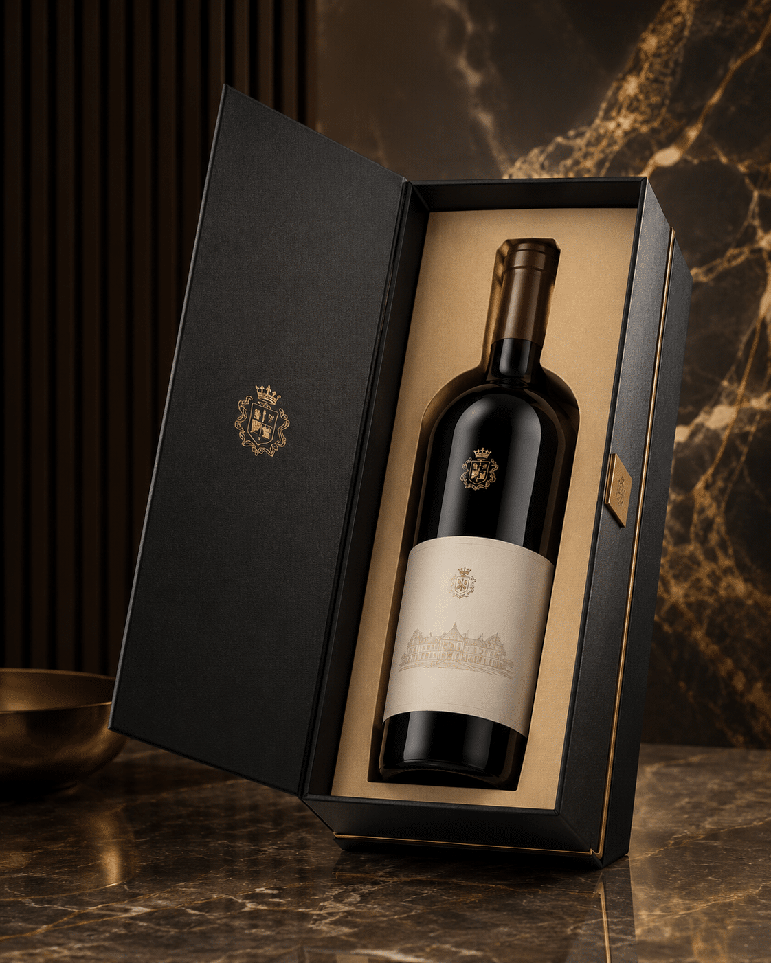 Premium book-style wine gift box with a black textured exterior, gold fitted bottle insert and gold foil crest details