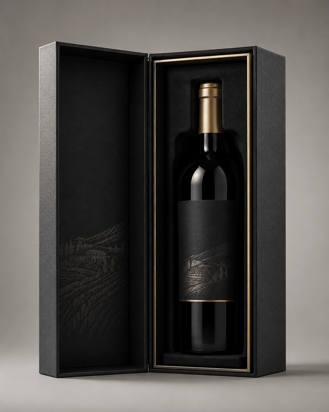 Custom black book-style rigid wine gift box with gold trim and protective fitted foam insert for a single wine bottle
