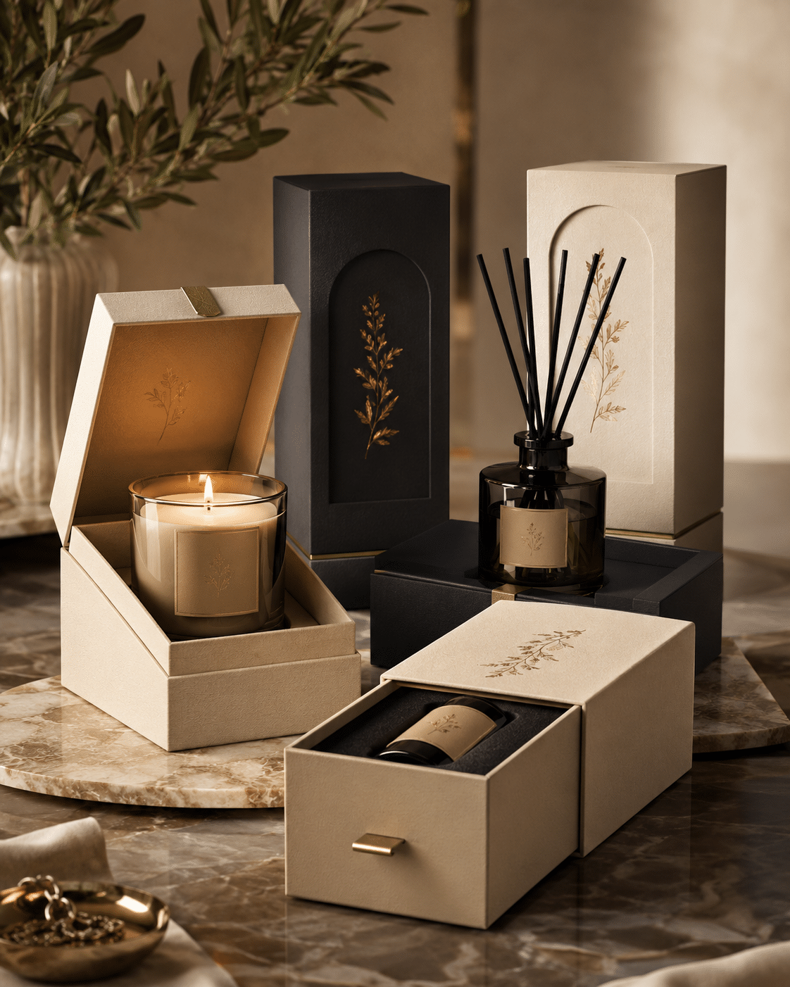 Custom candle and reed diffuser packaging boxes with embossed botanical designs, gold foil details, rigid structures and drawer-style packaging