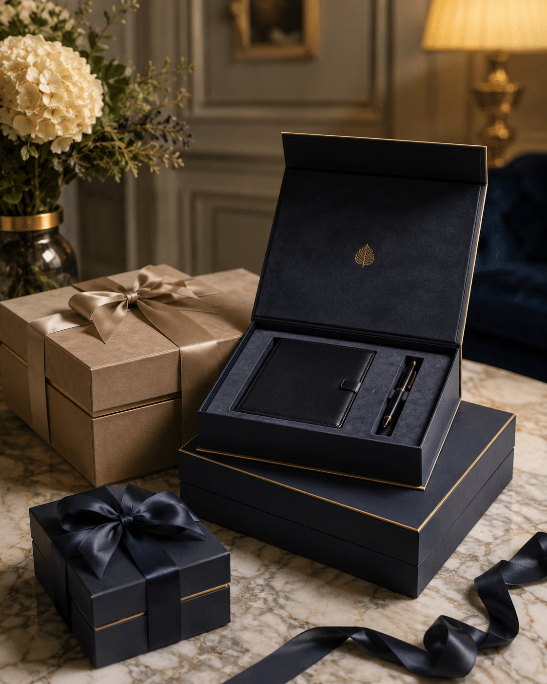 Premium corporate gift packaging boxes with gold foil details, satin ribbon bows and a fitted insert for a notebook and pen
