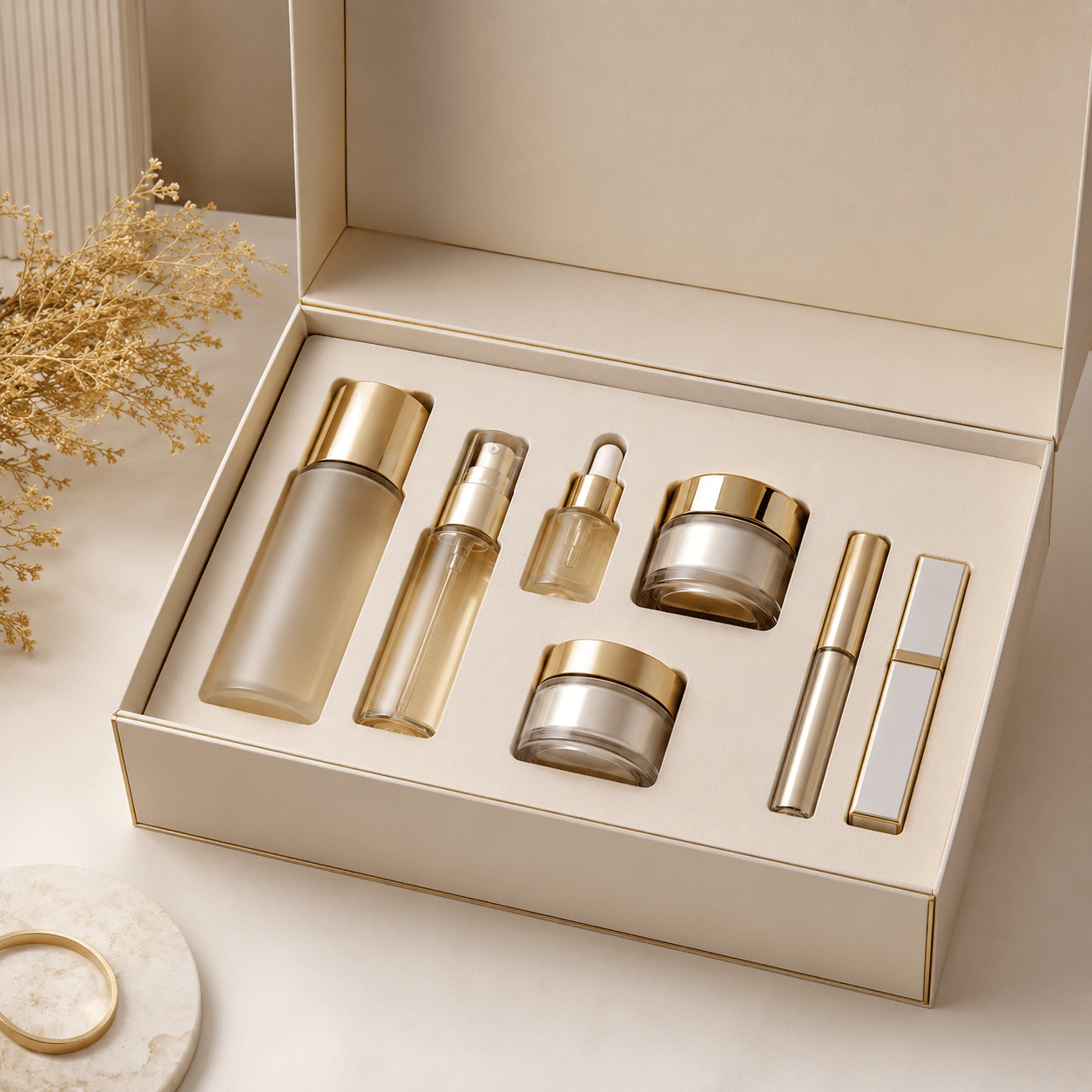 Premium cream rigid cosmetic gift box with a custom foam insert securely displaying skincare bottles, jars and beauty products.
