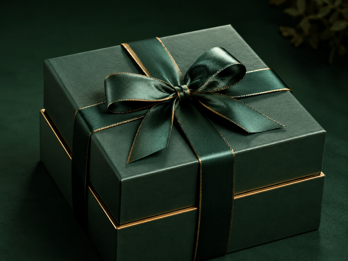 Premium dark green rigid gift box decorated with a matching satin ribbon bow and elegant gold trim.