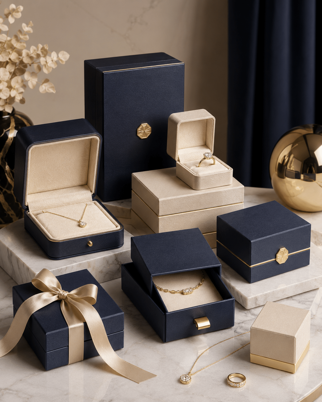 Collection of custom navy and ivory jewelry boxes featuring gold metal accents, satin ribbon decoration, drawer structures and soft fitted interiors