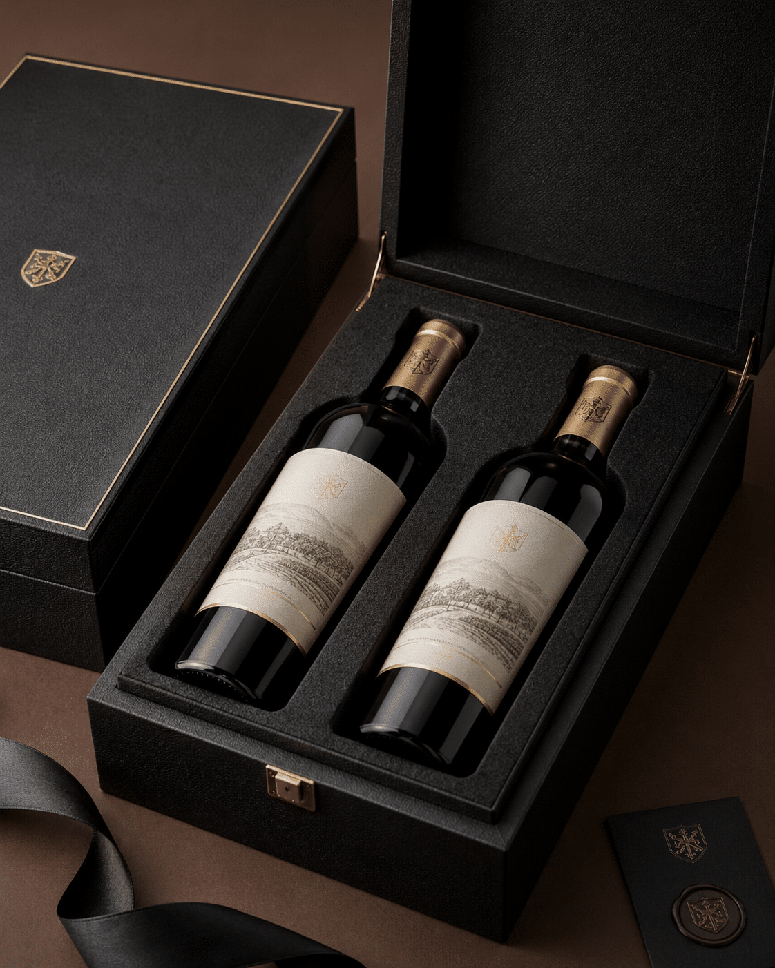 Premium black rigid wine gift box with gold foil details, metal clasp and custom foam insert for two wine bottles