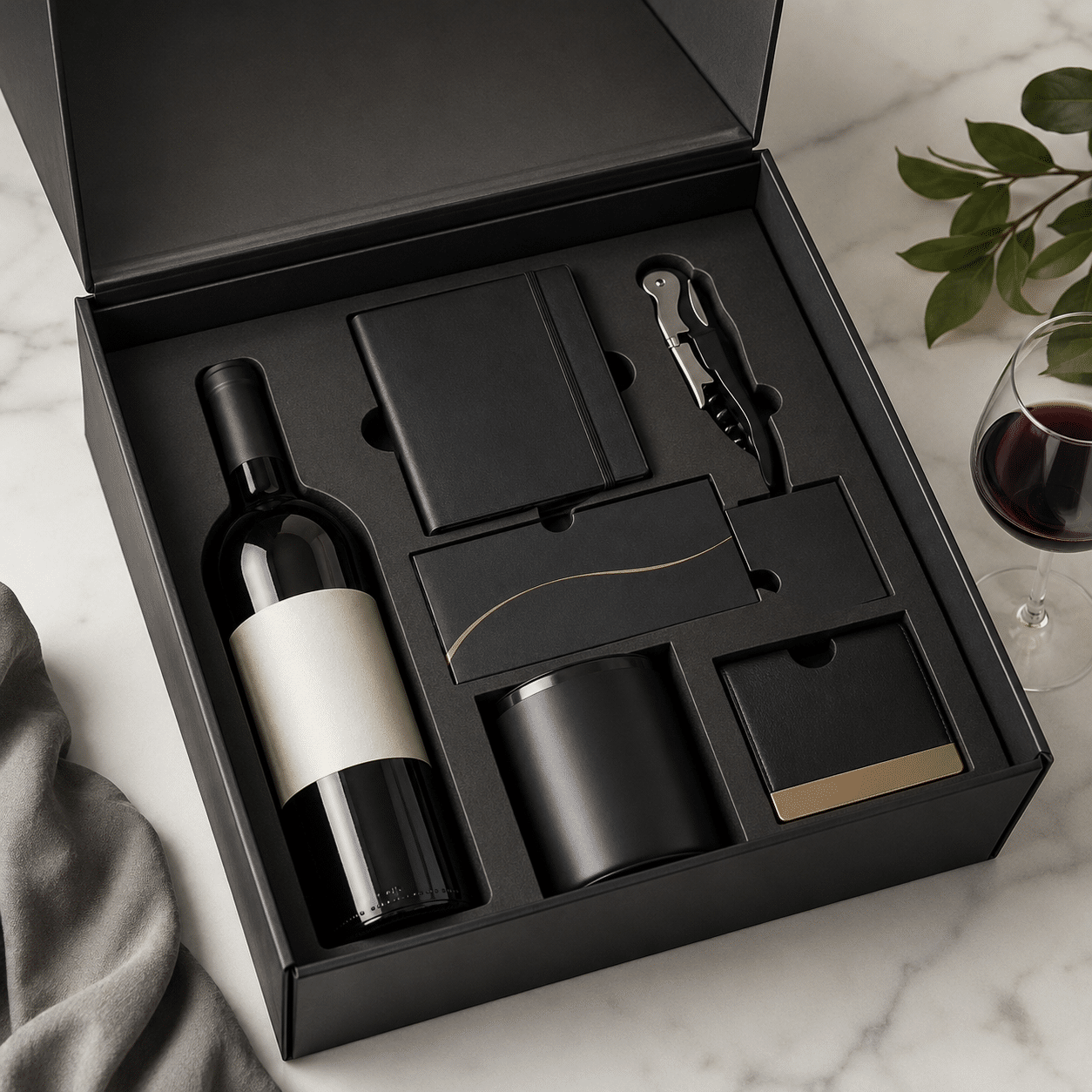 Open black luxury wine gift box with a custom foam insert holding a wine bottle, notebook, corkscrew and matching accessories.
