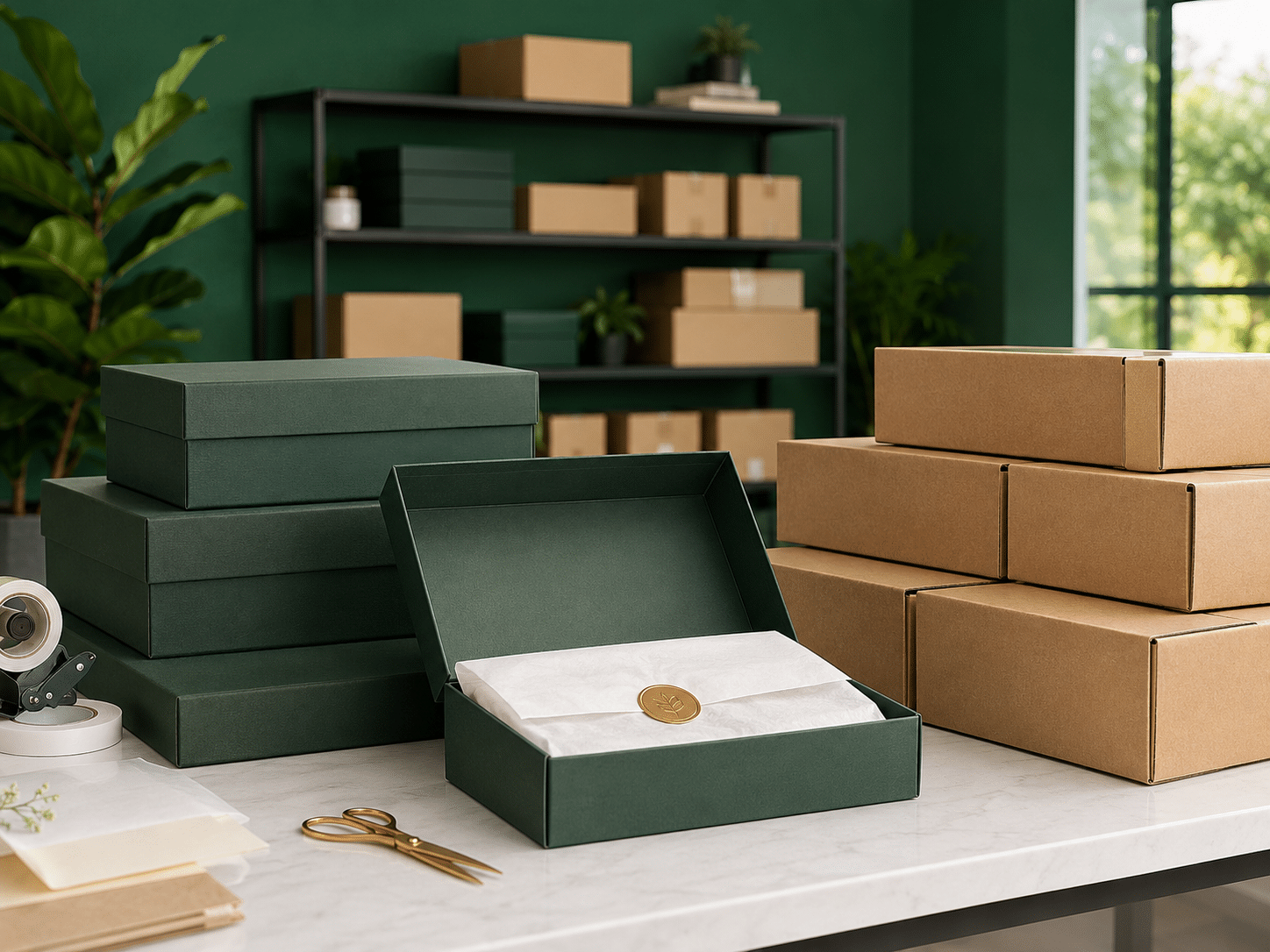 Green rigid boxes and kraft shipping cartons displayed in a sustainable custom packaging workspace