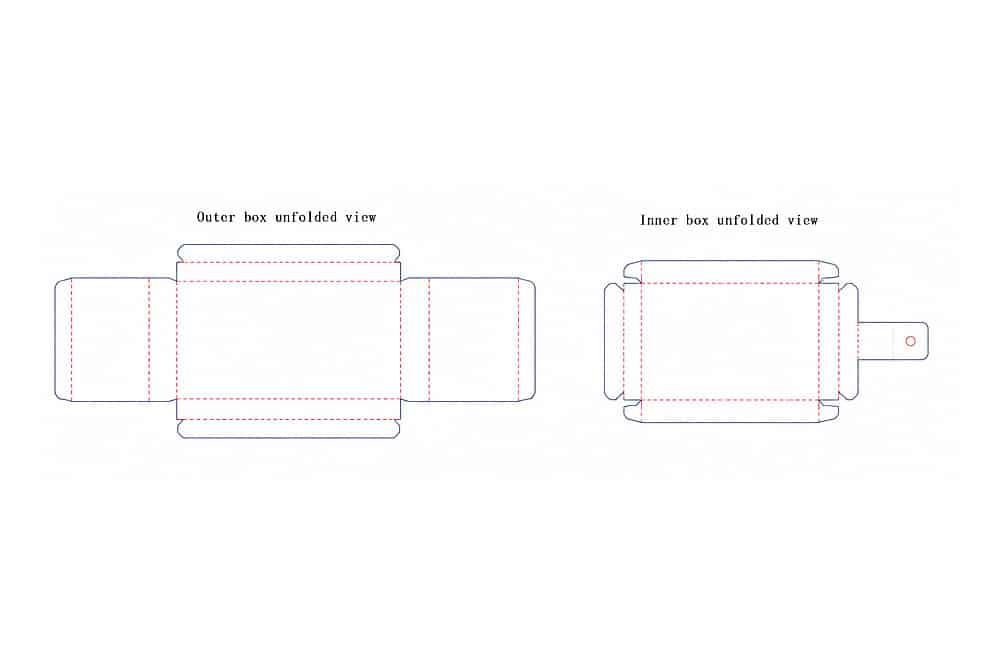 Custom rigid drawer box dieline showing the unfolded outer sleeve and inner box structure