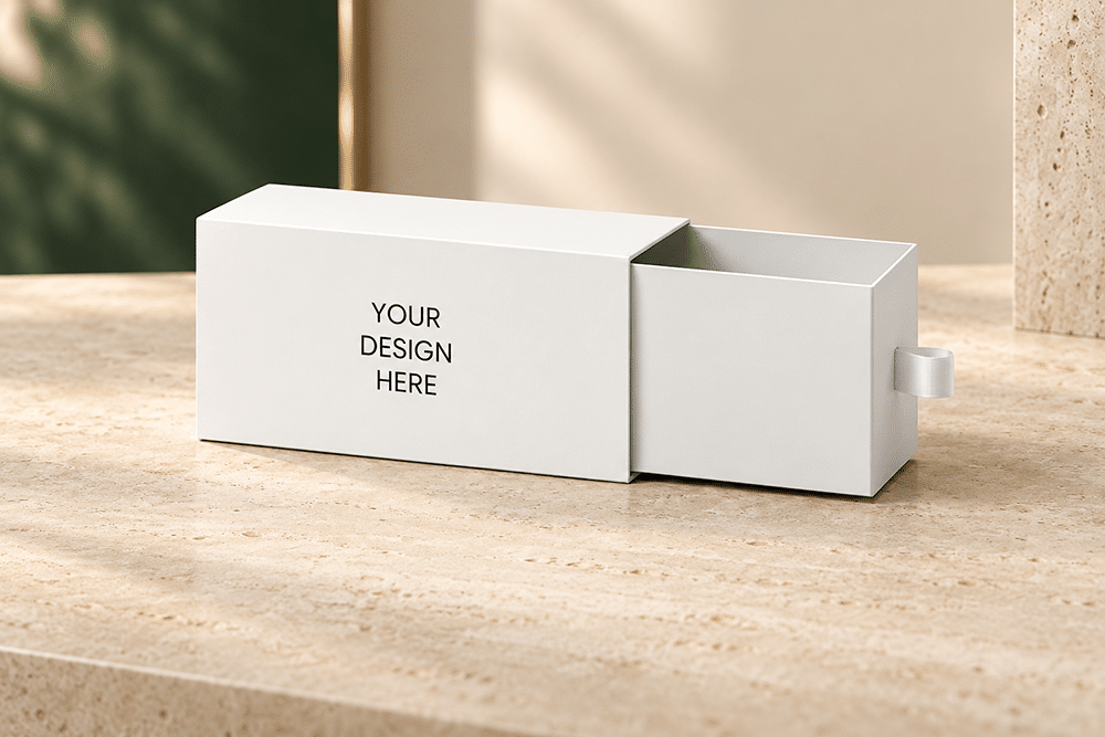 White custom rigid drawer box with a sliding inner tray, pull tab and printable outer sleeve