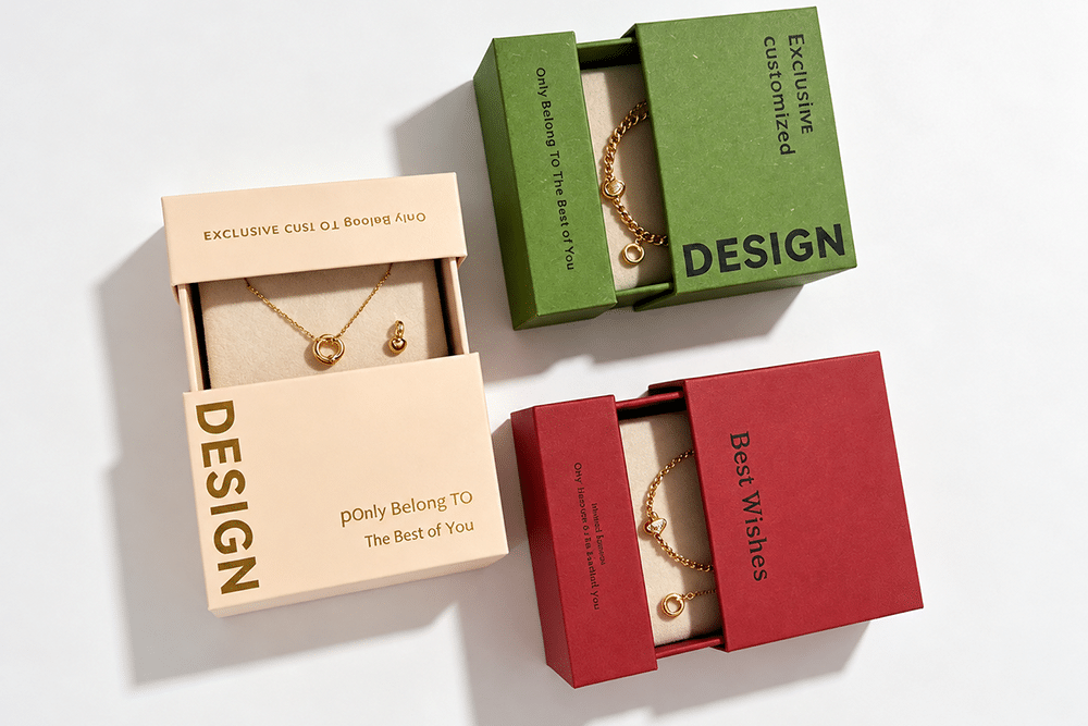 Beige, green and red custom drawer jewelry boxes displaying gold necklaces and bracelets