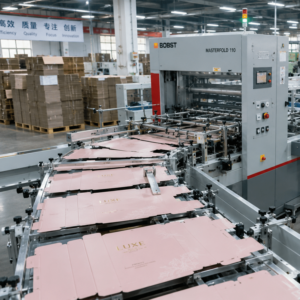BOBST folding and gluing equipment processing printed carton blanks inside Crown Win's OEM and ODM custom packaging factory